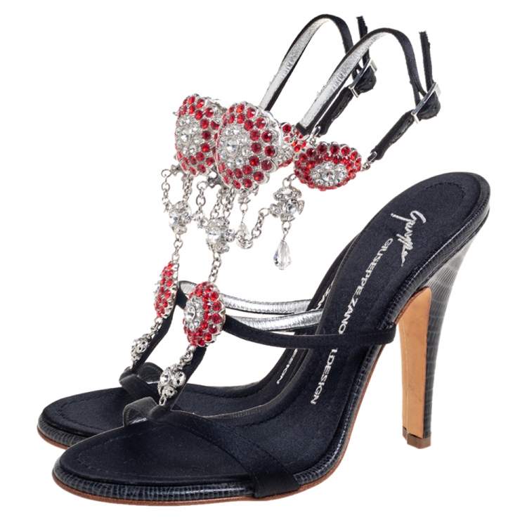 Pre Owned Giuseppe Zanotti Black Satin Crystal Embellished Ankle Strap Sandals Size 37.5