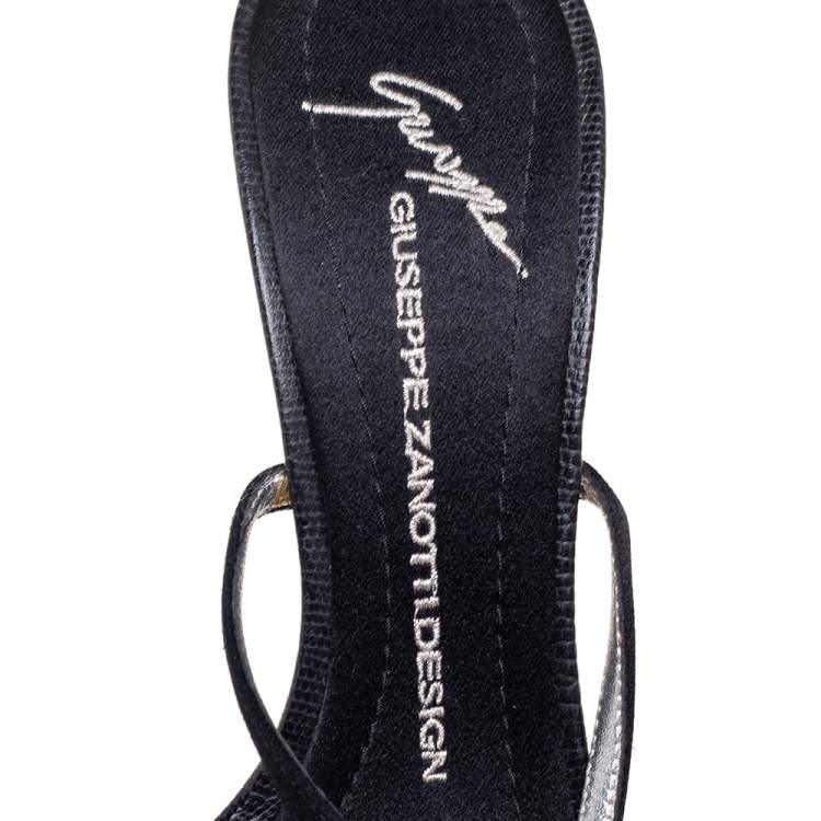 Pre Owned Giuseppe Zanotti Black Satin Crystal Embellished Ankle Strap Sandals Size 37.5