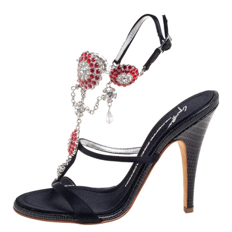 Pre Owned Giuseppe Zanotti Black Satin Crystal Embellished Ankle Strap Sandals Size 37.5