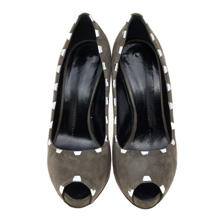 Pre Owned Giuseppe Zanotti Grey Suede Peep Toe Pumps Size 37.5