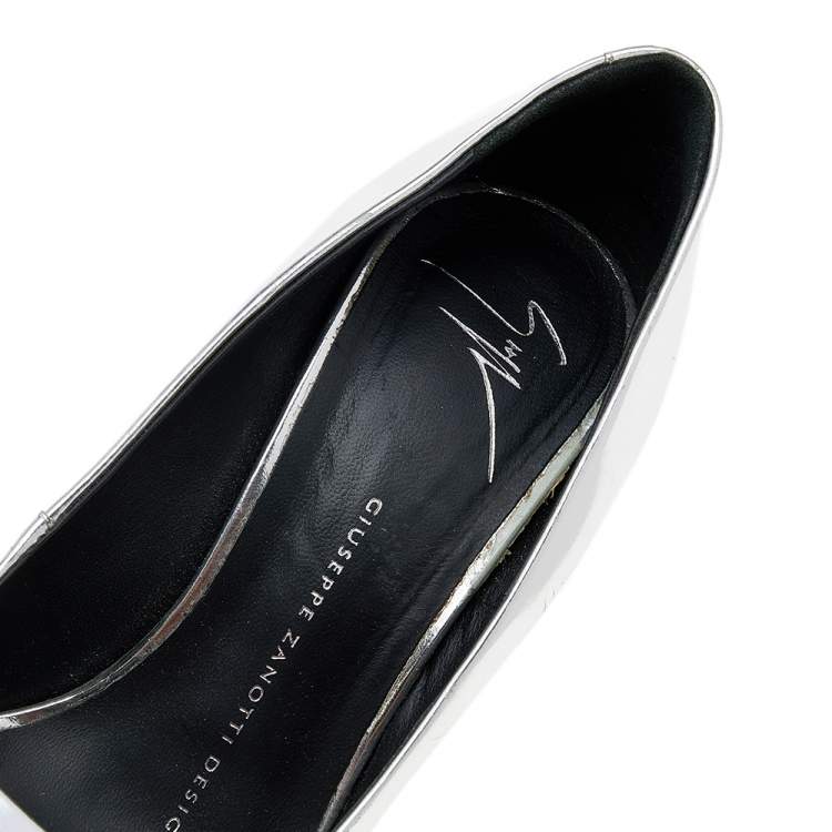 مملوكة مسبقًا Giuseppe Zanotti Metallic Silver Leather Sharon Peep Toe Platform Pumps Size 36