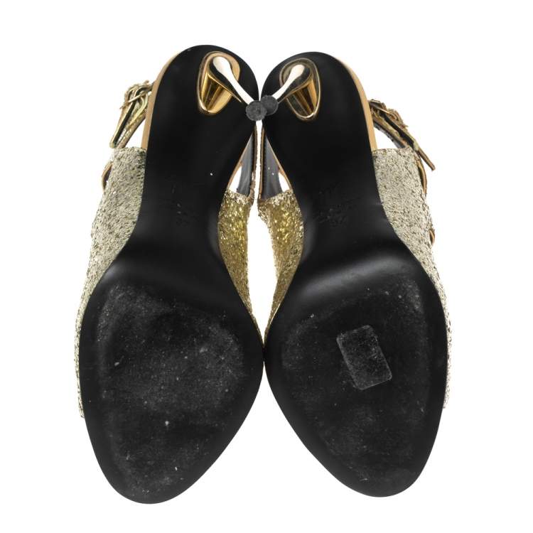 Pre Owned Giuseppe Zanotti Gold Glitter Cutout Ankle Sandals Size 37