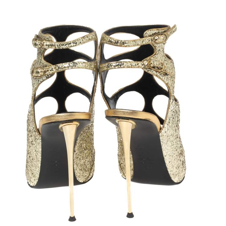 Pre Owned Giuseppe Zanotti Gold Glitter Cutout Ankle Sandals Size 37