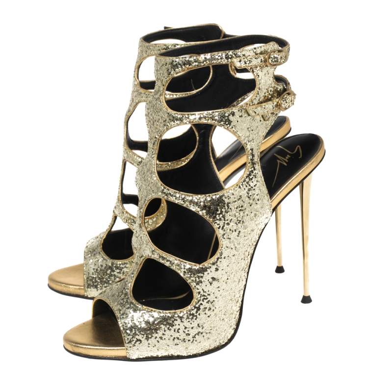 Pre Owned Giuseppe Zanotti Gold Glitter Cutout Ankle Sandals Size 37