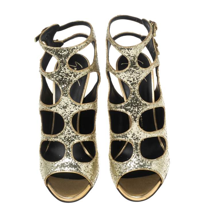 Pre Owned Giuseppe Zanotti Gold Glitter Cutout Ankle Sandals Size 37