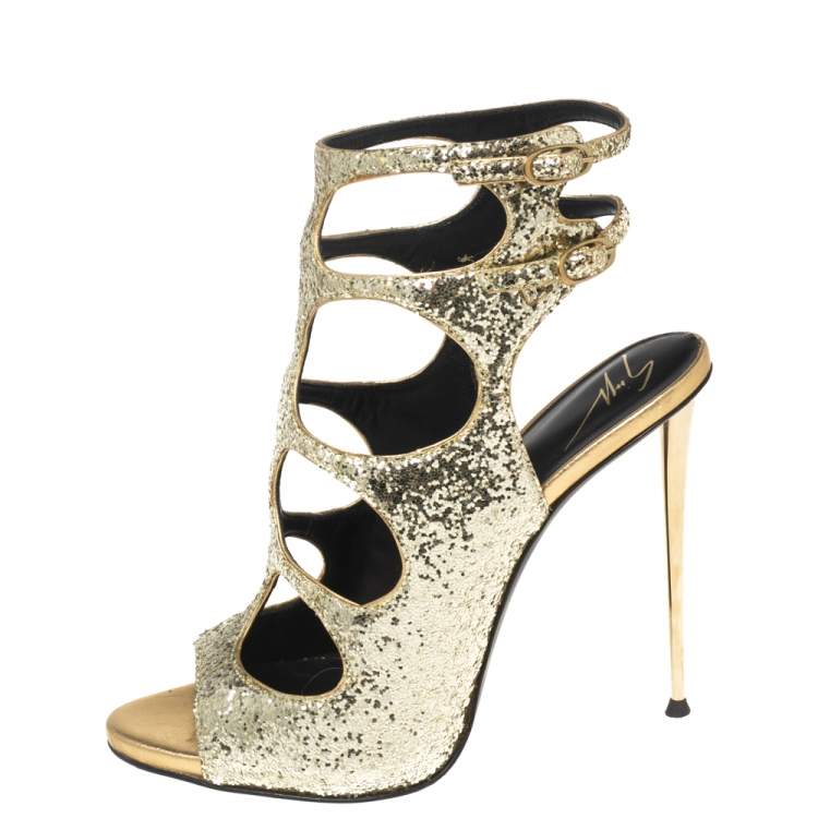 Pre Owned Giuseppe Zanotti Gold Glitter Cutout Ankle Sandals Size 37