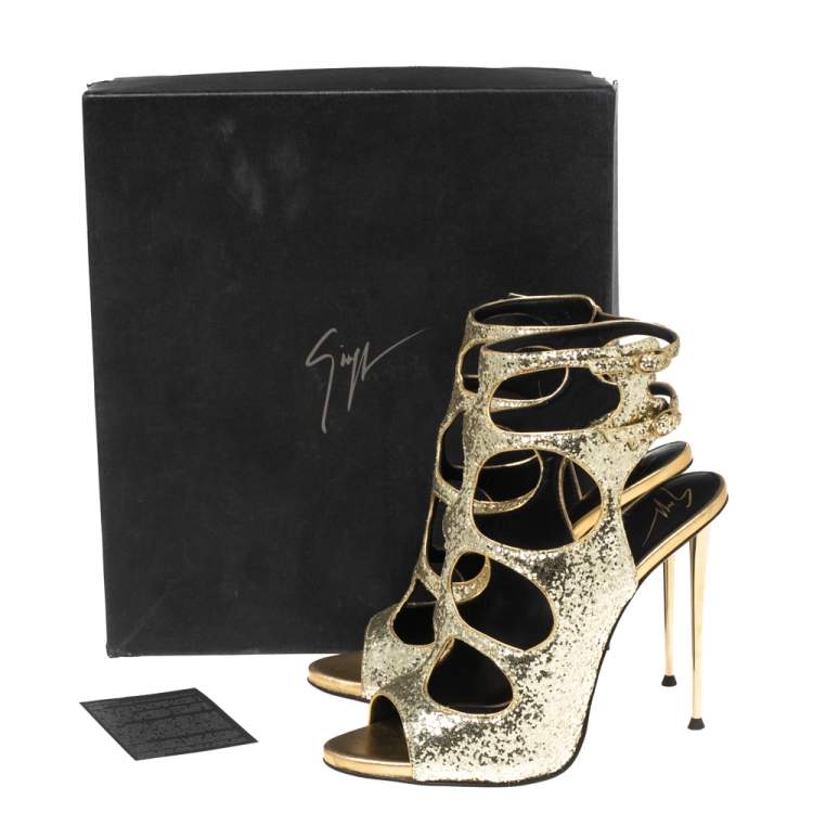 Pre Owned Giuseppe Zanotti Gold Glitter Cutout Ankle Sandals Size 37