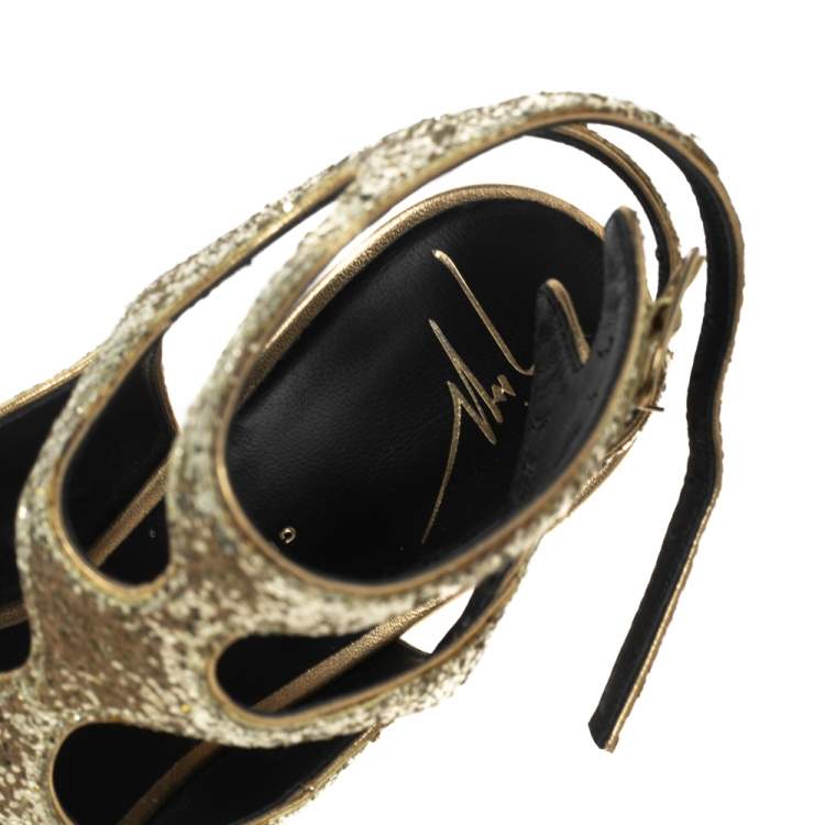 Pre Owned Giuseppe Zanotti Gold Glitter Cutout Ankle Sandals Size 37