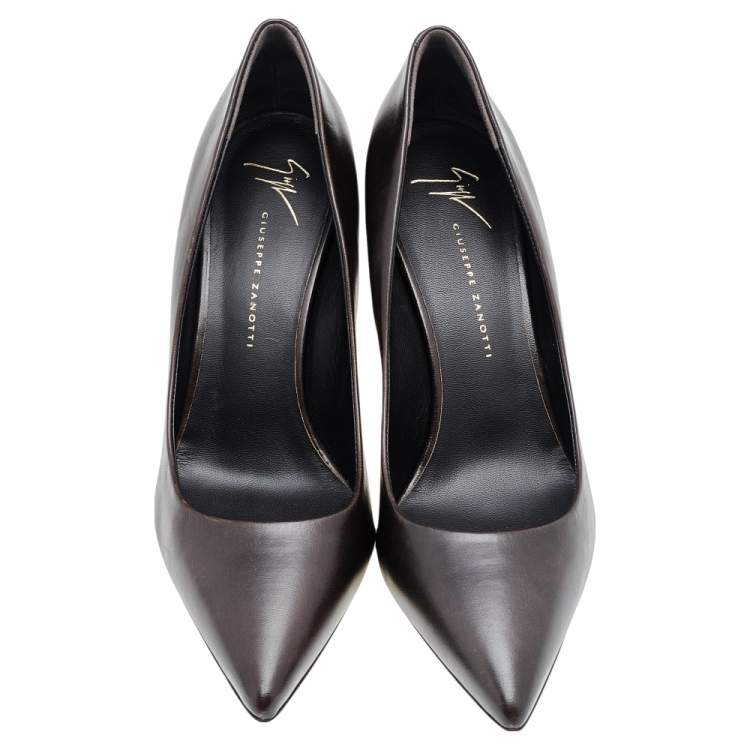 Pre Owned Giuseppe Zanotti Dark Brown Leather Pointed Toe Pumps Size 38.5