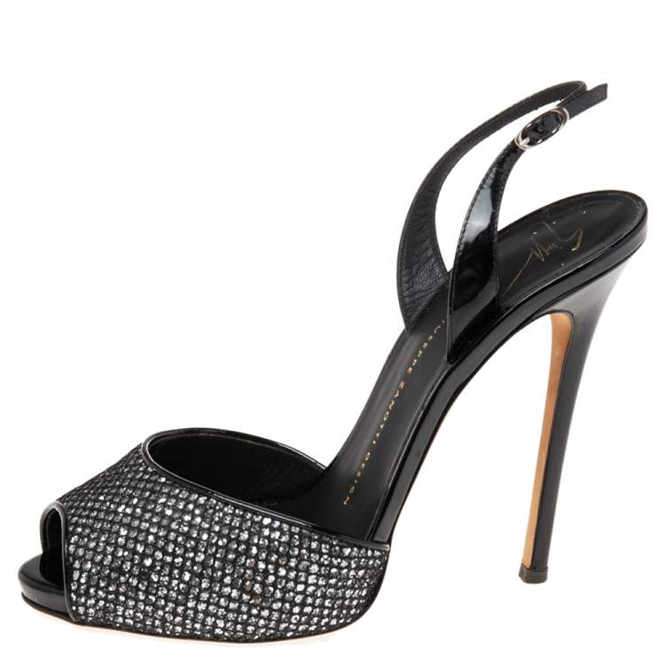 Pre Owned Giuseppe Zanotti Silver/Black Glitter And Patent Peep Toe Slingback Sandals Size 39