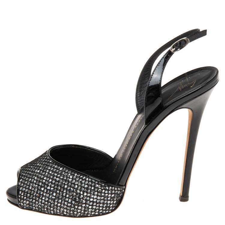 Pre Owned Giuseppe Zanotti Silver/Black Glitter And Patent Peep Toe Slingback Sandals Size 39