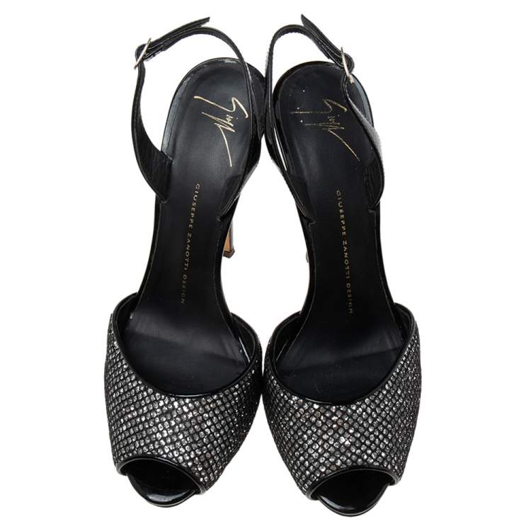Pre Owned Giuseppe Zanotti Silver/Black Glitter And Patent Peep Toe Slingback Sandals Size 39