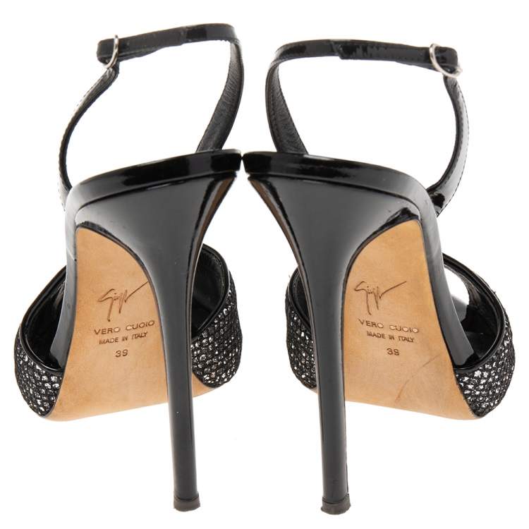 Pre Owned Giuseppe Zanotti Silver/Black Glitter And Patent Peep Toe Slingback Sandals Size 39