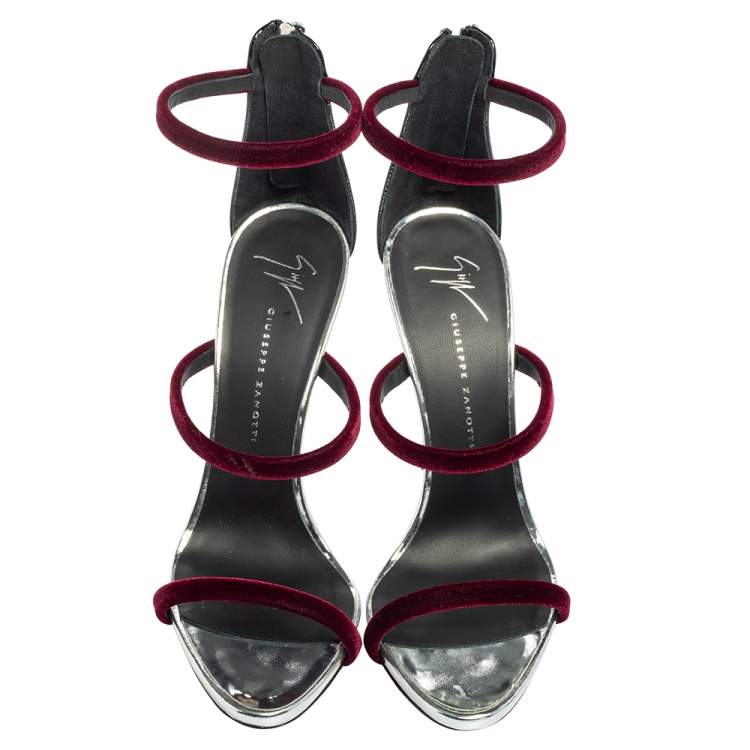 Pre Owned Giuseppe Zanotti Burgundy Patent Leather and Velvet Harmony Ankle-Strap Sandals Size 36.5