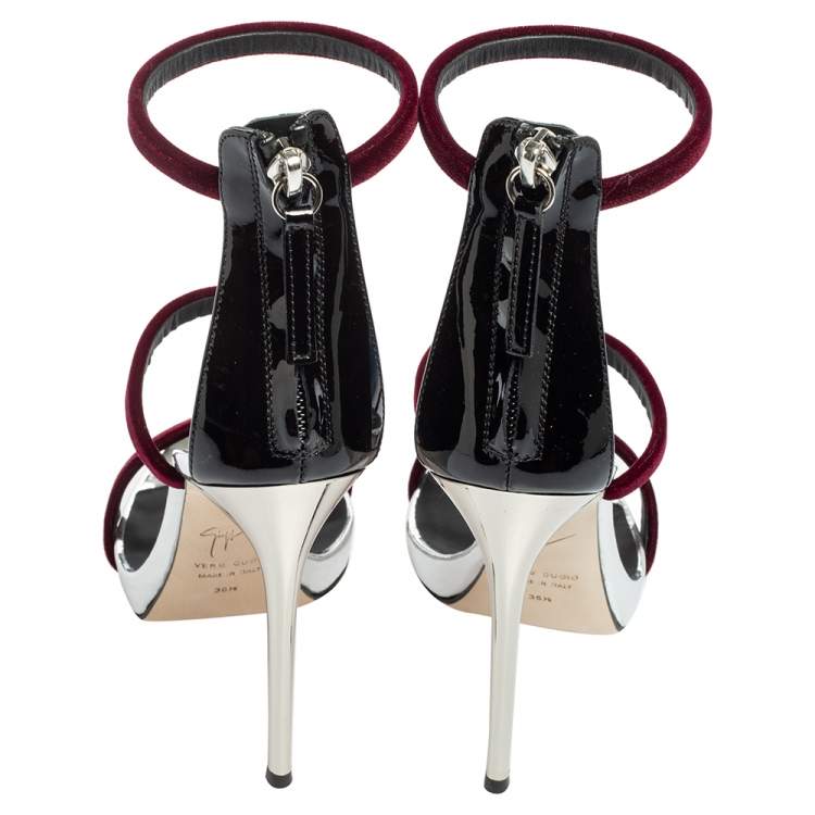 Pre Owned Giuseppe Zanotti Burgundy Patent Leather and Velvet Harmony Ankle-Strap Sandals Size 36.5