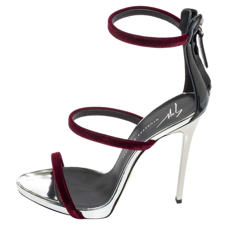 Pre Owned Giuseppe Zanotti Burgundy Patent Leather and Velvet Harmony Ankle-Strap Sandals Size 36.5