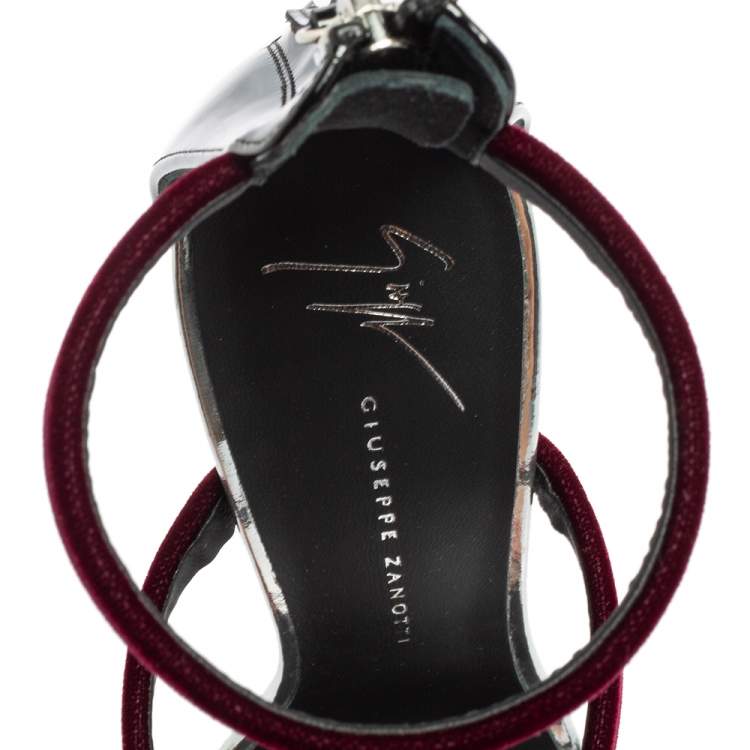Pre Owned Giuseppe Zanotti Burgundy Patent Leather and Velvet Harmony Ankle-Strap Sandals Size 36.5