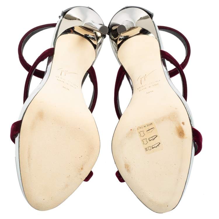 Pre Owned Giuseppe Zanotti Burgundy Patent Leather and Velvet Harmony Ankle-Strap Sandals Size 36.5