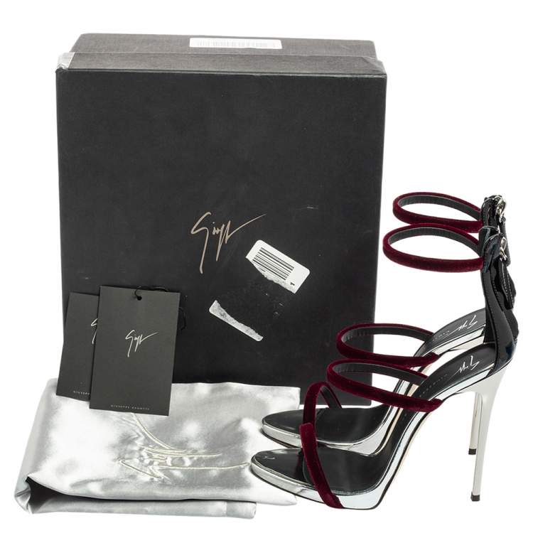 Pre Owned Giuseppe Zanotti Burgundy Patent Leather and Velvet Harmony Ankle-Strap Sandals Size 36.5