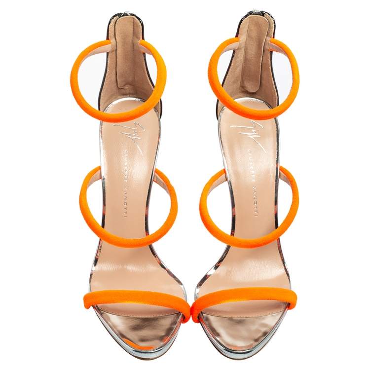 Pre Owned Giuseppe Zanotti Neon Orange Velvet Harmony Ankle-Strap Sandals Size 36.5