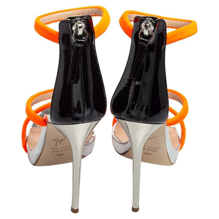 Pre Owned Giuseppe Zanotti Neon Orange Velvet Harmony Ankle-Strap Sandals Size 36.5