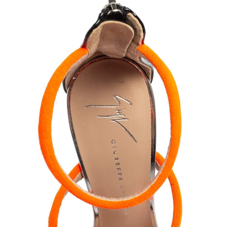 Pre Owned Giuseppe Zanotti Neon Orange Velvet Harmony Ankle-Strap Sandals Size 36.5