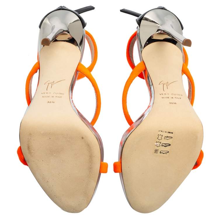 Pre Owned Giuseppe Zanotti Neon Orange Velvet Harmony Ankle-Strap Sandals Size 36.5