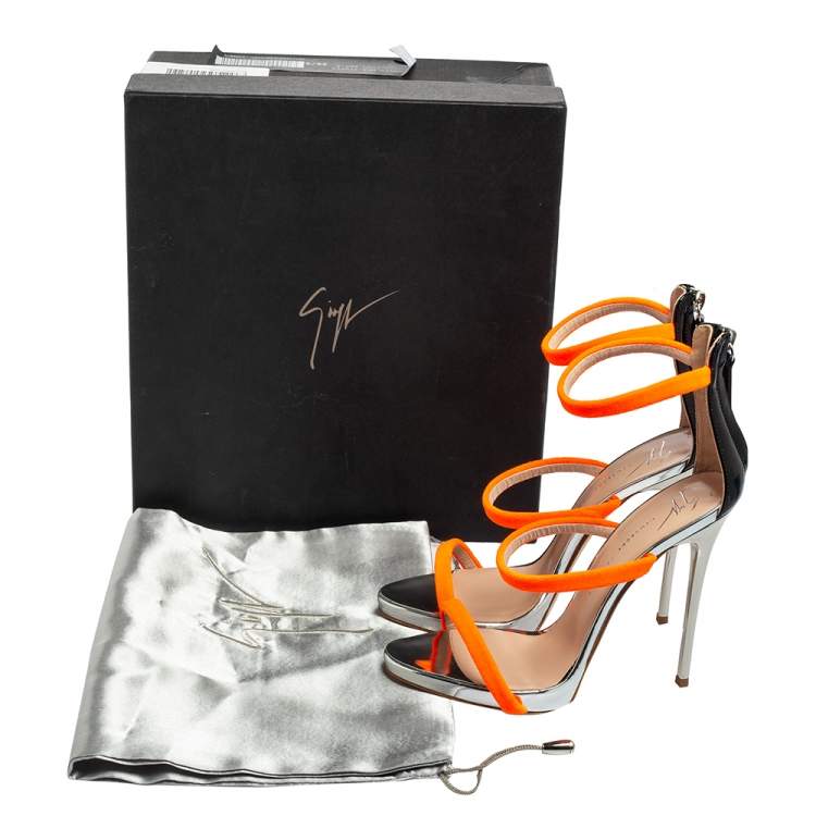 Pre Owned Giuseppe Zanotti Neon Orange Velvet Harmony Ankle-Strap Sandals Size 36.5