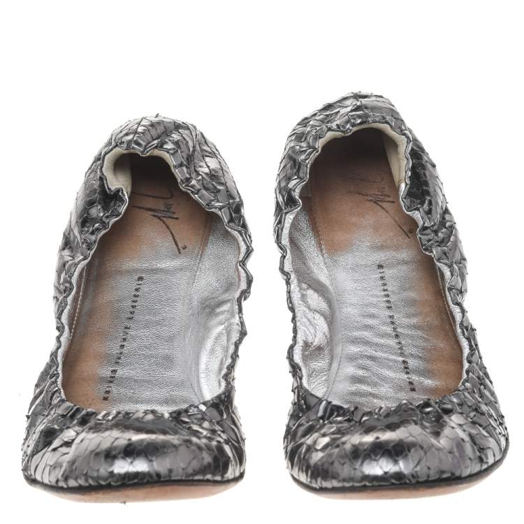 Pre Owned Giuseppe Zanotti Metallic Grey Python Leather Ballet Flats Size 39.5
