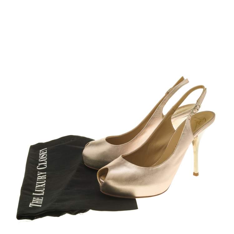 Pre Owned Giuseppe Zanotti Metallic Beige Leather Slingback Peep Toe Sandals Size 38.5
