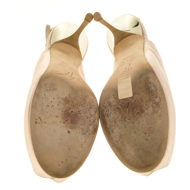 Pre Owned Giuseppe Zanotti Metallic Beige Leather Slingback Peep Toe Sandals Size 38.5
