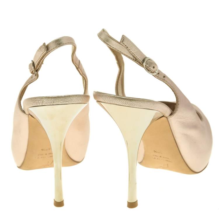 Pre Owned Giuseppe Zanotti Metallic Beige Leather Slingback Peep Toe Sandals Size 38.5