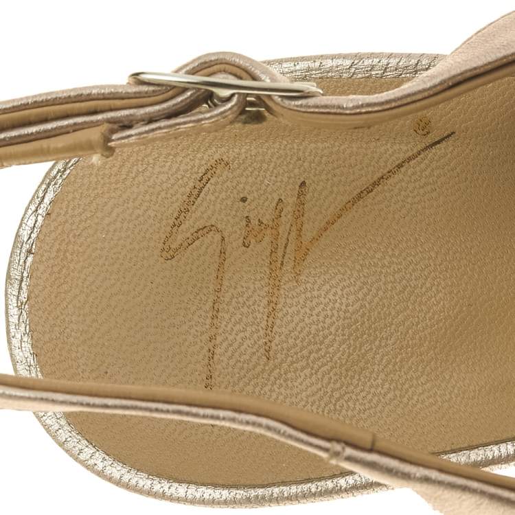Pre Owned Giuseppe Zanotti Metallic Beige Leather Slingback Peep Toe Sandals Size 38.5