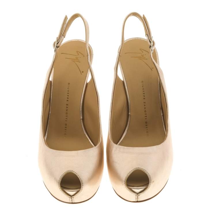 Pre Owned Giuseppe Zanotti Metallic Beige Leather Slingback Peep Toe Sandals Size 38.5