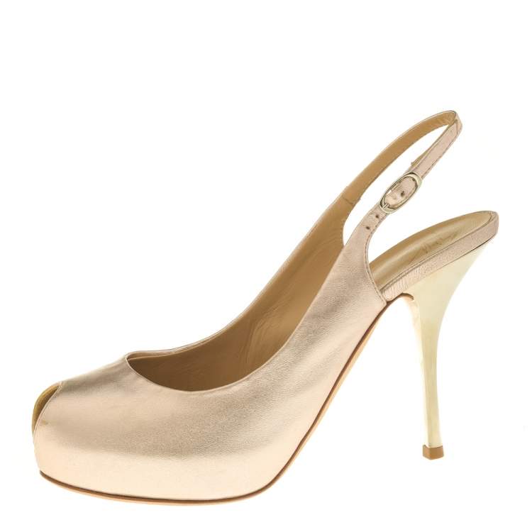 Pre Owned Giuseppe Zanotti Metallic Beige Leather Slingback Peep Toe Sandals Size 38.5