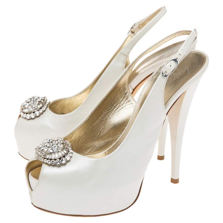 Pre Owned Guiseppe Zannotti Cream Leather Peep Toe Slingback Platform Sandals Size 38