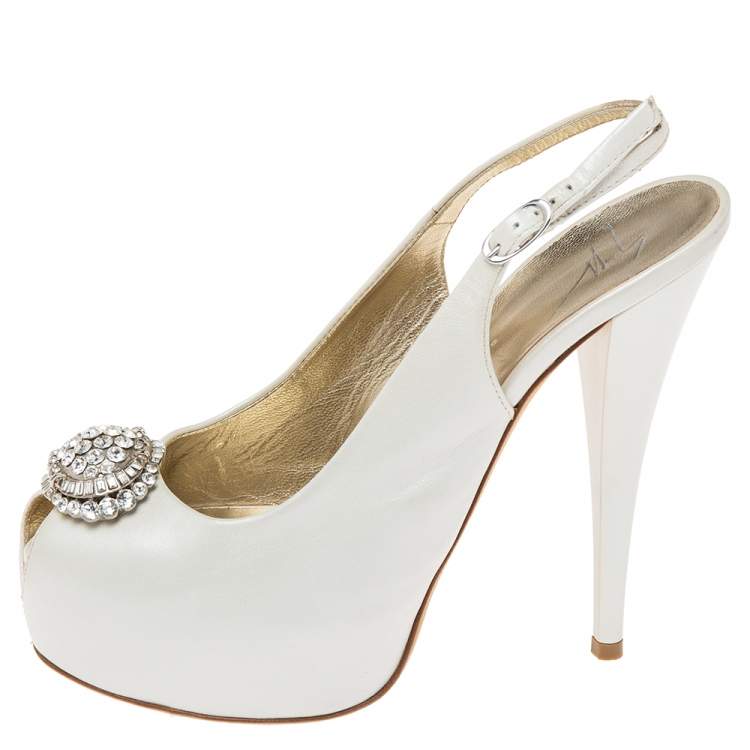 Pre Owned Guiseppe Zannotti Cream Leather Peep Toe Slingback Platform Sandals Size 38