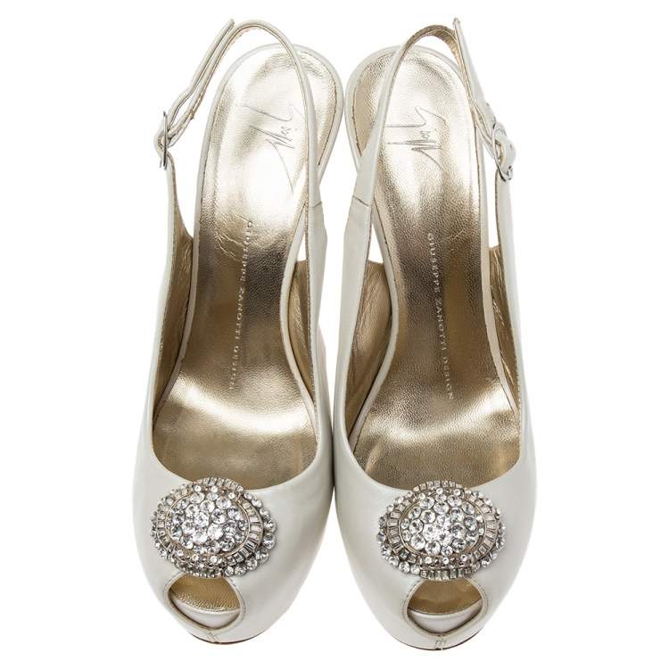 Pre Owned Guiseppe Zannotti Cream Leather Peep Toe Slingback Platform Sandals Size 38