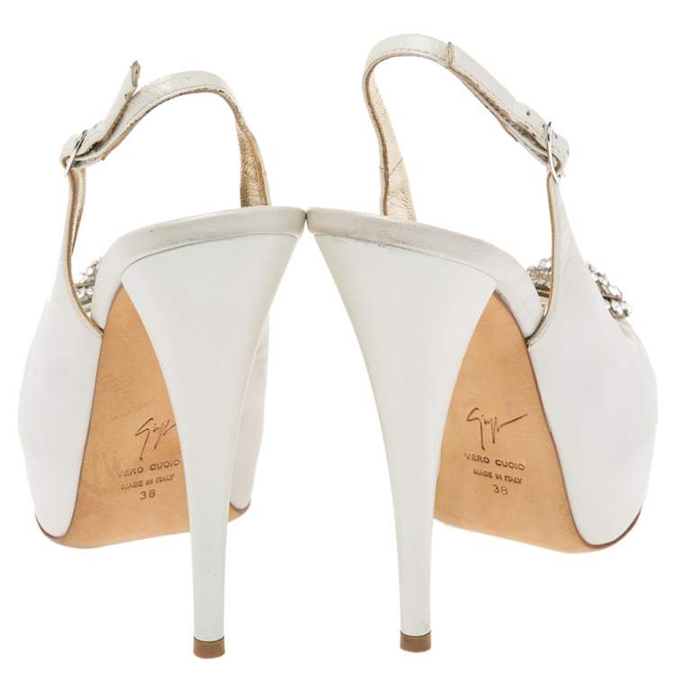 Pre Owned Guiseppe Zannotti Cream Leather Peep Toe Slingback Platform Sandals Size 38