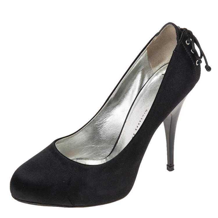Giuseppe Zanotti Shoe Size 35.5 Black Patent Leather Embossed Peep Toe Pumps  — Labels Resale Boutique