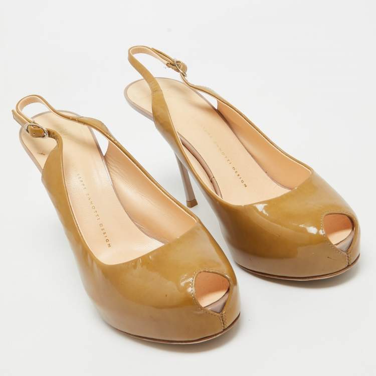 Pre Owned Giuseppe Zanotti Beige Patent Leather Peep Toe Slingback Pumps Size 41