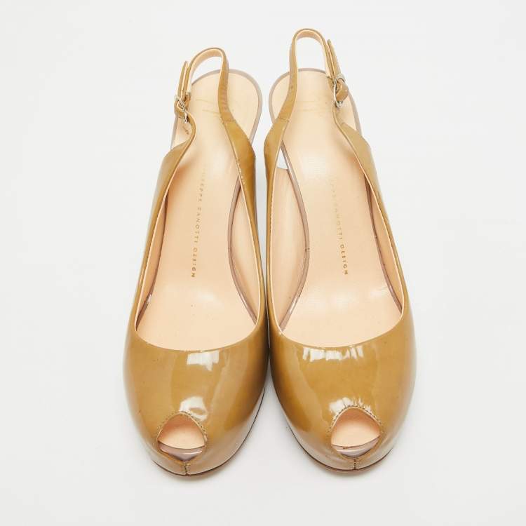 Pre Owned Giuseppe Zanotti Beige Patent Leather Peep Toe Slingback Pumps Size 41