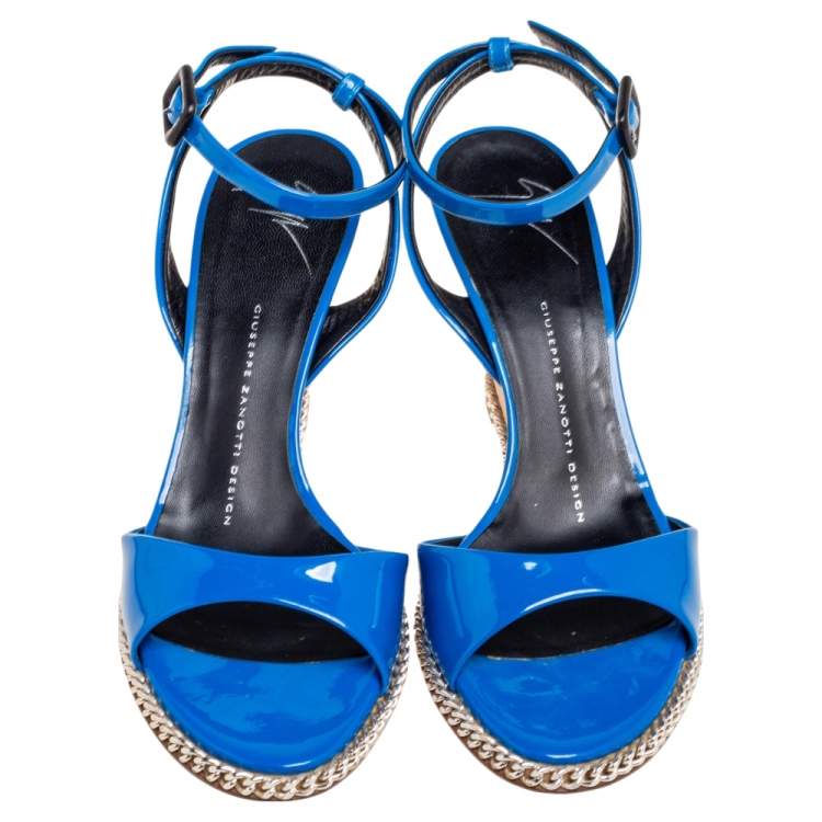 Pre Owned Giuseppe Zanotti Blue Patent Leather Ankle-Strap Chain Wedge Sandals Size 37