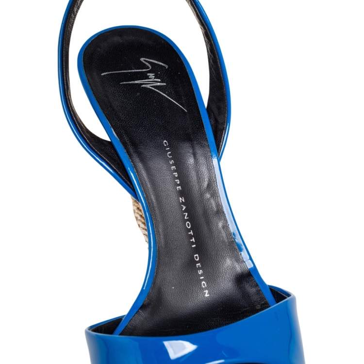 Pre Owned Giuseppe Zanotti Blue Patent Leather Ankle-Strap Chain Wedge Sandals Size 37