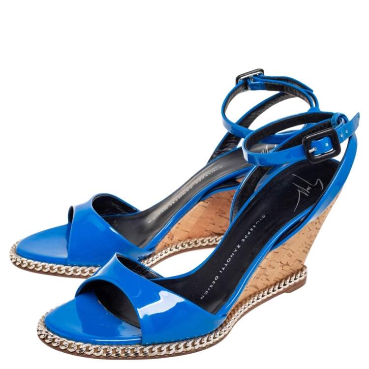 Pre Owned Giuseppe Zanotti Blue Patent Leather Ankle-Strap Chain Wedge Sandals Size 37