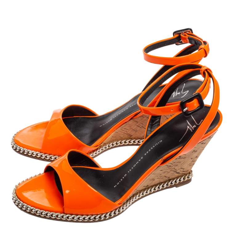 Pre Owned Giuseppe Zanotti Orange Patent Leather Ankle-Strap Chain Wedge Sandals Size 37 
