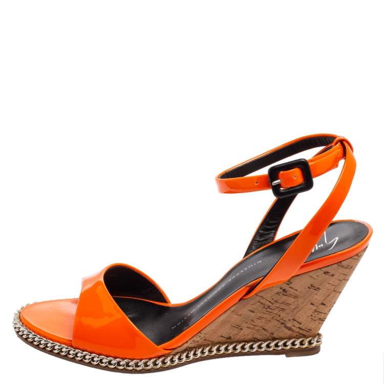 Pre Owned Giuseppe Zanotti Orange Patent Leather Ankle-Strap Chain Wedge Sandals Size 37 