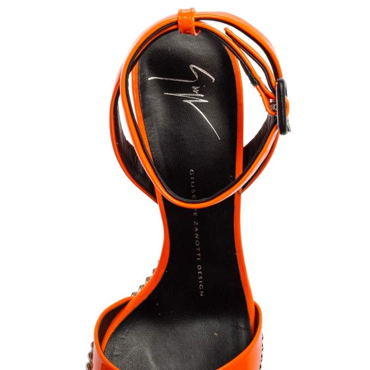 Pre Owned Giuseppe Zanotti Orange Patent Leather Ankle-Strap Chain Wedge Sandals Size 37 