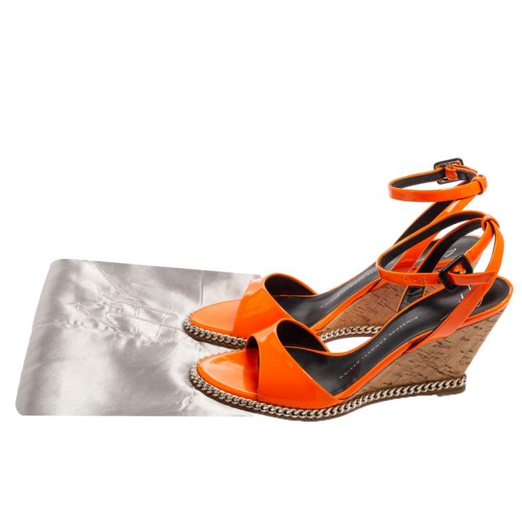 Pre Owned Giuseppe Zanotti Orange Patent Leather Ankle-Strap Chain Wedge Sandals Size 37 