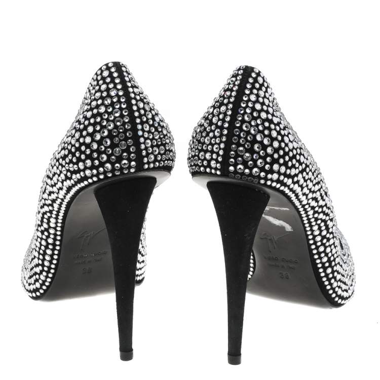 Pre Owned Giuseppe Zanotti Black Crystal Embellished Suede Ester Pointed Toe Pumps Size 38